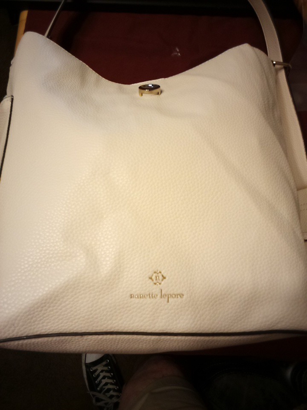 Nanette Lepore Cream Pebbled Leather Shoulder Hobo with Gold Accent